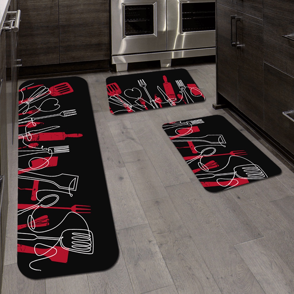 Kit de 3 Tapetes para Cozinha Talheres Vermelhos Antiderrapante DcoreAqui