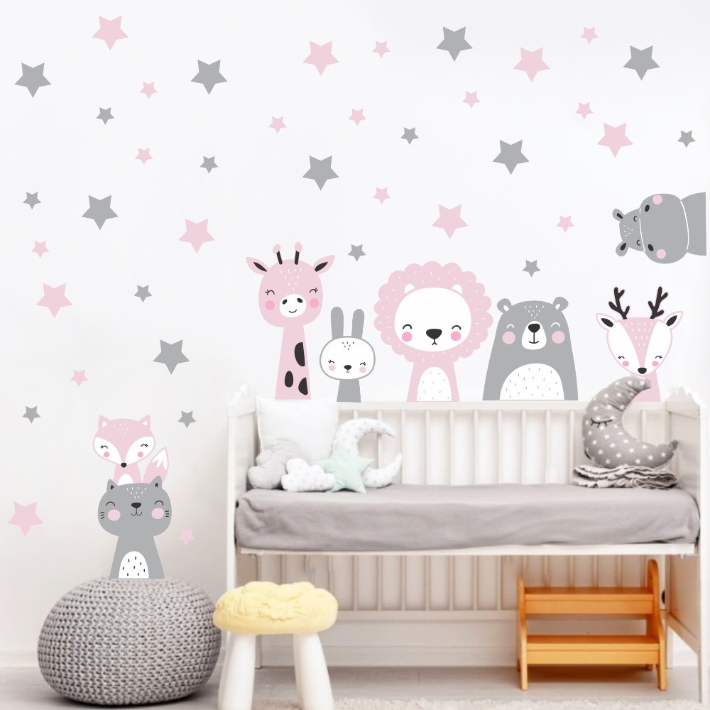 Adesivo Parede Infantil Animais Bichinhos baby e Estrelas Rosa e Cinza decoração quarto bebê