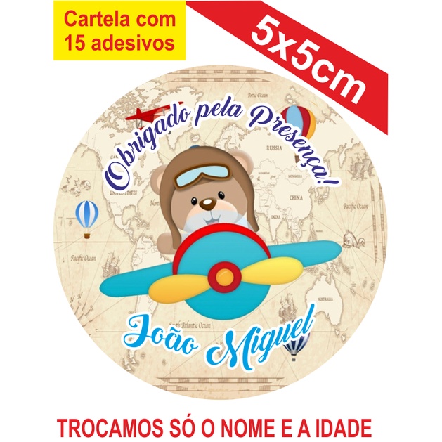 2 Cartelas de Adesivos (30 unidades) Personalizados Chá de Bebê Ursinho Aviador 5x5cm Festa Aniversário Lembrancinha