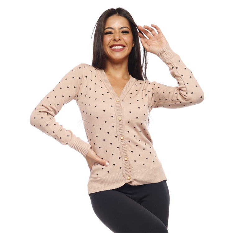 Blusa De Frio Feminina cardigan linha com botão , Padrão em forma de coração em Oferta na Shopee