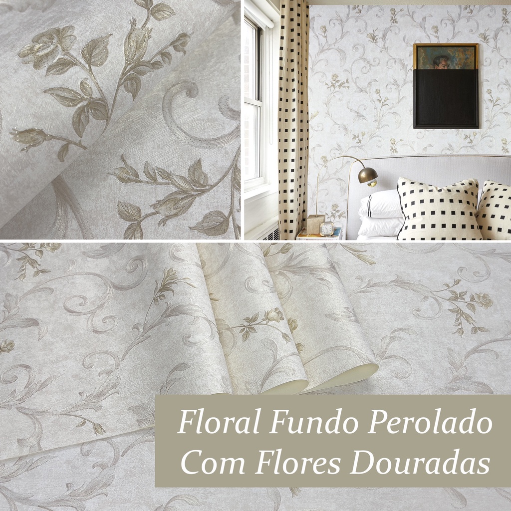 Papel de Parede Vinílico Importado Alto Relevo Rolo 10 metros x 53cm + Cola Especial Grátis - Modelo 9005-7 - Floral fundo Perolado com Rosas em Dourado