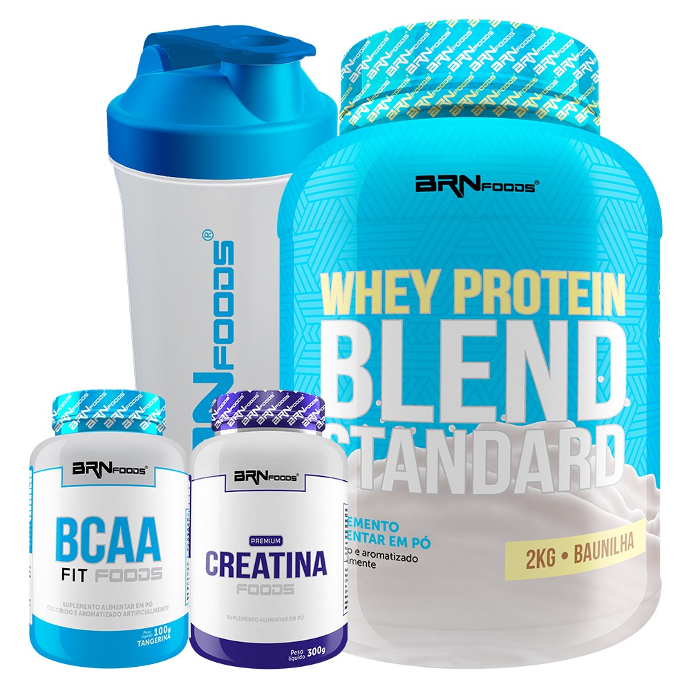 Kit Whey Protein Blend 2kg + Premium Creatina 300g + BCAA 100g + Coqueteleira - BRN Foods