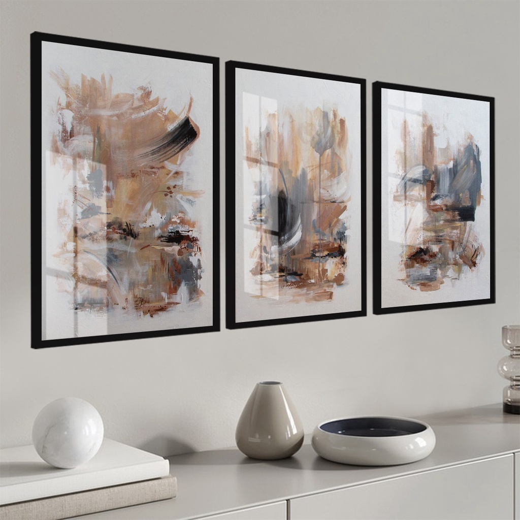 Kit 3 Quadros Decorativos Abstratos Modernos Marrom Terracota Para Sala Quarto Corredor Hall Com Moldura e Vidro Com Moldura