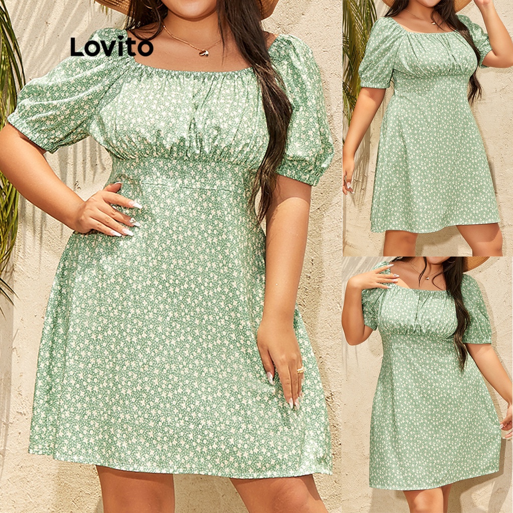 Lovito Vestido Plus Size Feminino Boho Floral Ruched com Zíper LPS03089 (Verde)