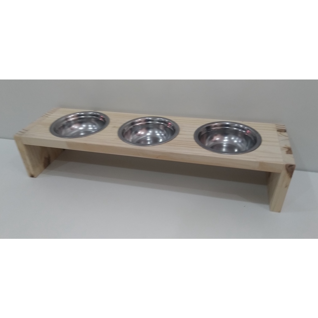 Comedouro triplo para cães e gatos em madeira tipo Pinus com potes em aluminio