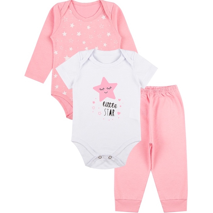 Kit Roupa De Bebe 3 Peças Body Manga Longa e Curta e Calça Algodão Menina