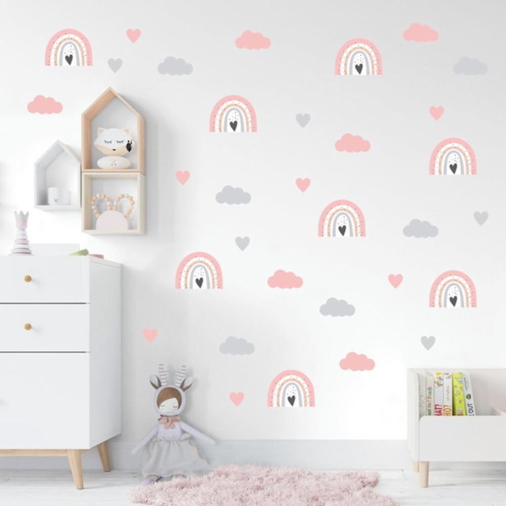 Adesivos de Parede Infantil Arco Íris, Nuvens e Corações Quarto bebe Decoração Fácil Aplicação