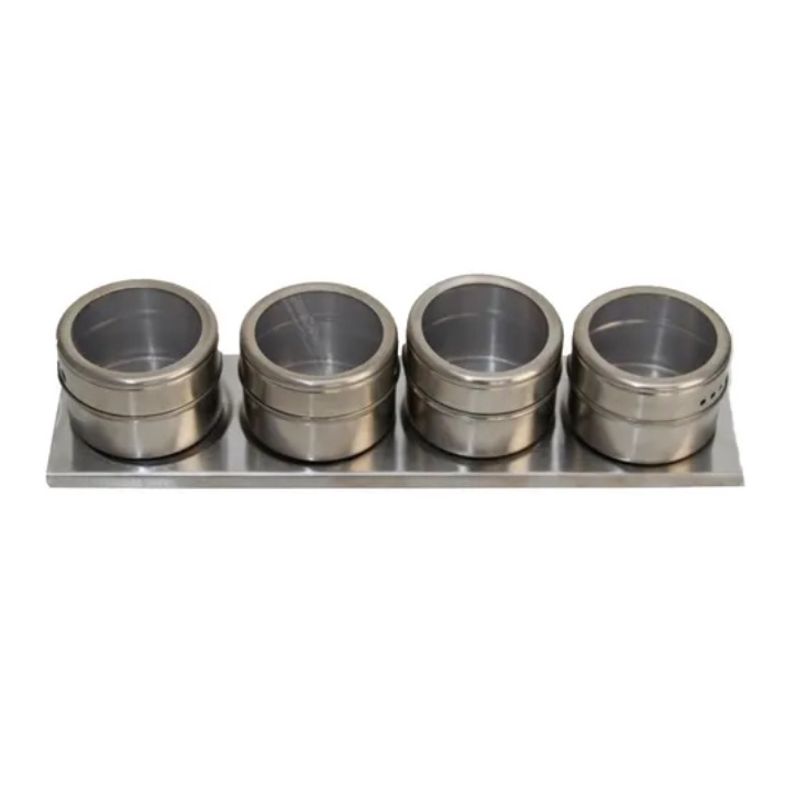 Porta Temperos Magnético em Inox com 4 Potes e Com Suporte da Dolce Home