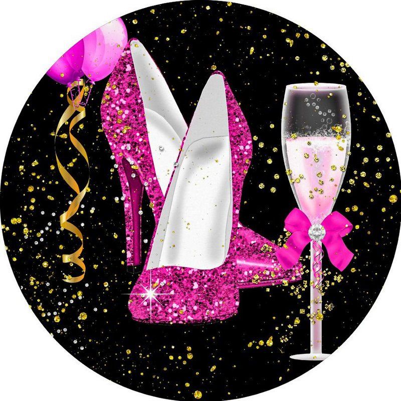 Painel em MDF 50x50 Redondo Personalizado:  Festas , Aniversários Sapatos Scarpin Pink com taça de Champagne