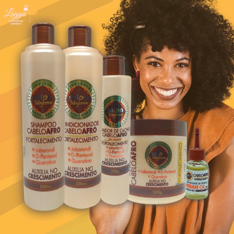 Kit Cabelo Afro (shamp, cond, másc) 3X500ml + Ativador de Cachos 300g e Reparador de Pontas 30ml Salon Maycrene 5 Produtos