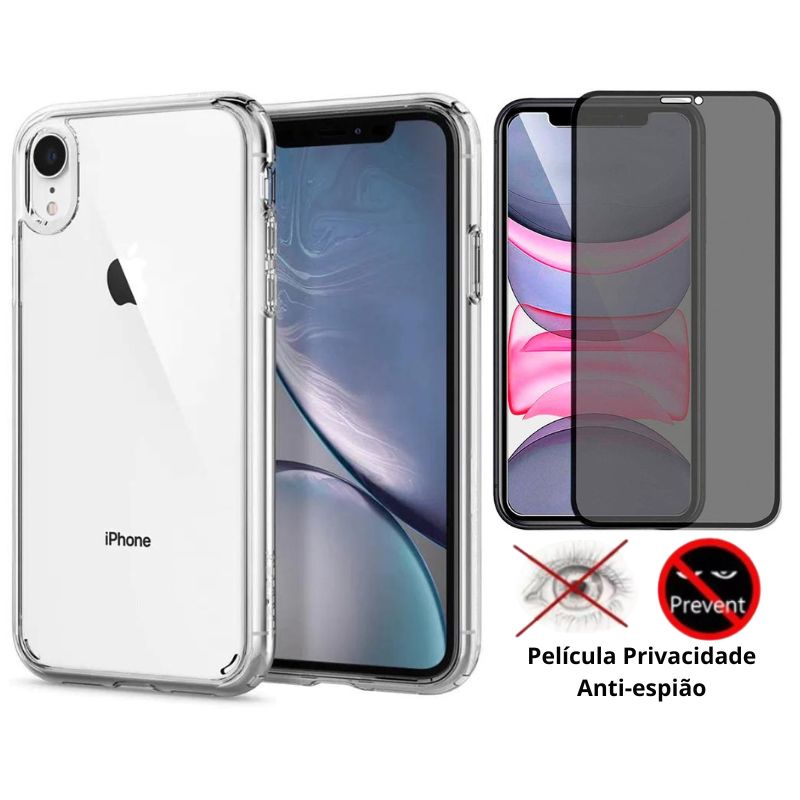 Kit 2em1 Compativel Com iPhone XR - Capa Clear Space + Pelicula de Vidro 3D Privacidade Anti-Espiao