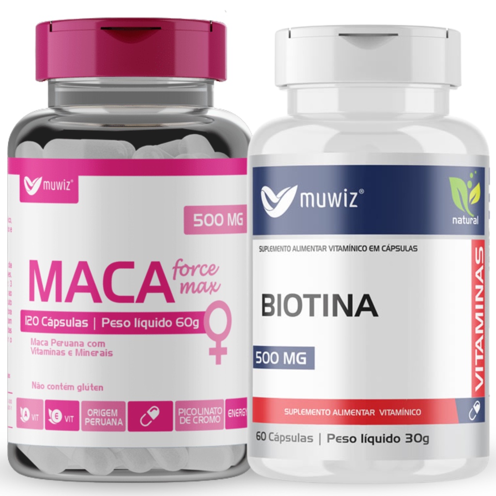 1x Maca Peruana Feminina 120 Cápsulas + Biotina 60 Cápsulas Muwiz