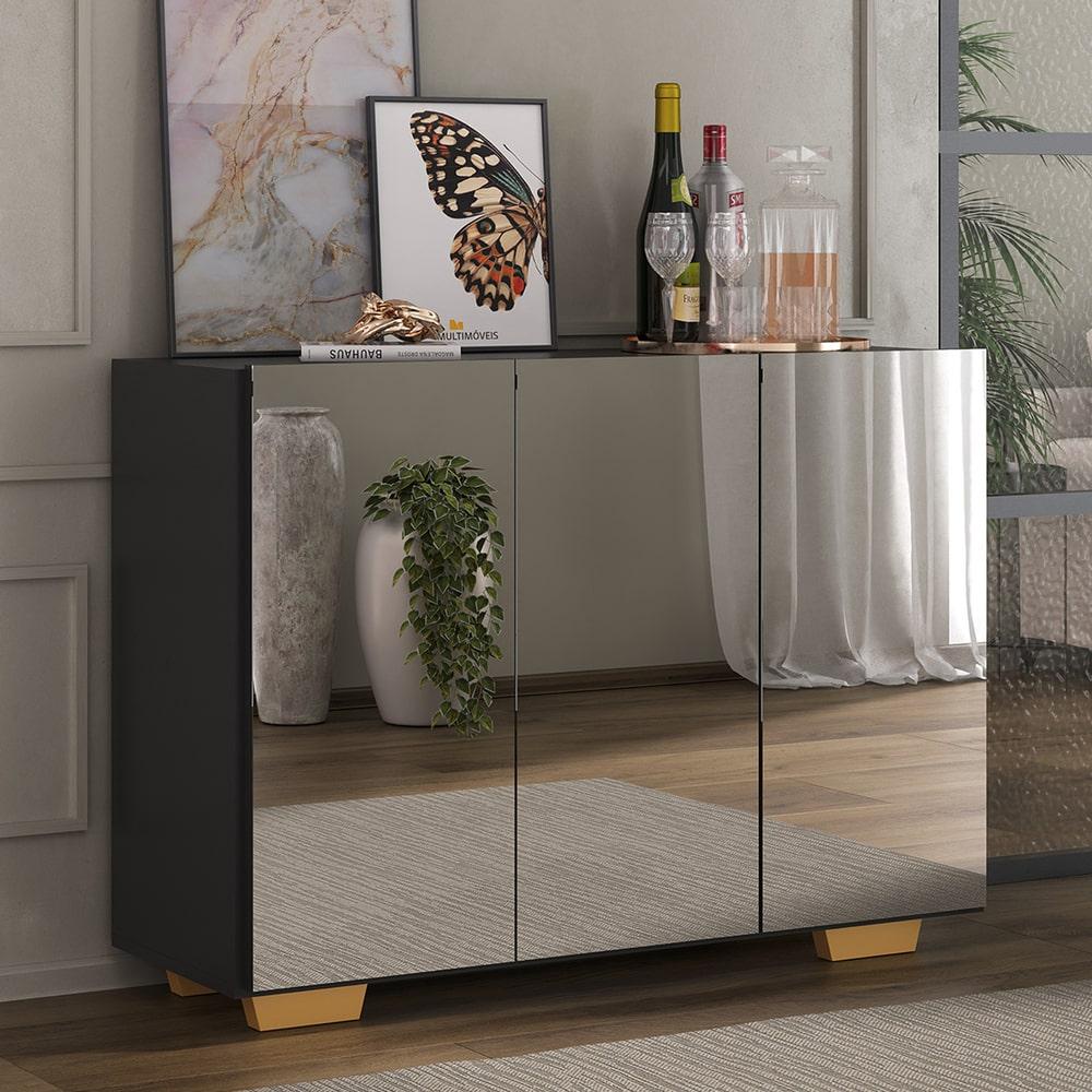 Aparador Buffet 3 Portas com Espelho e Pés Quadrados Vegas Multimóveis MP1014 Preto/Natural em Oferta na Shopee