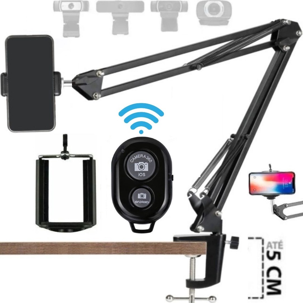 Suporte Braço Articulado De Mesa Para Celular Webcam Luz + Controle Foto Vídeo