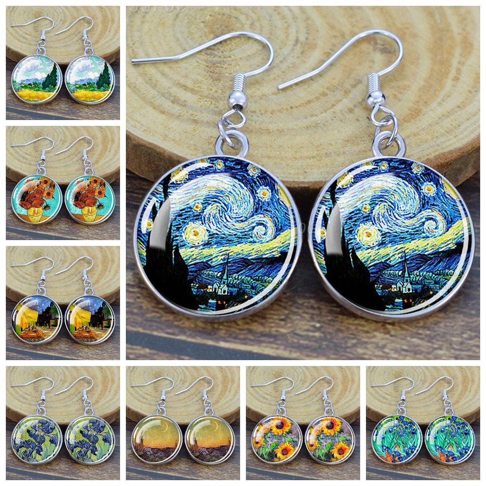 Estrela Lua Brincos De Pintura Noturna Girassol A Óleo Padrão Van Gogh Arte Vidro Cabochon Pingente Mulher Fashion Joias Presente em Oferta na Shopee