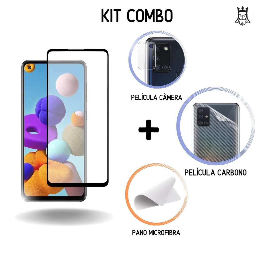 KIT GALAXY A01 / A01 CORE / A02S / A11 / A12 / A21 / A21S / A32 5G / A41 / A51 / A52 / A70 / A72 / A80 / A81 - Película 3D + Câmera + Traseira Carbono e Pano microfibra