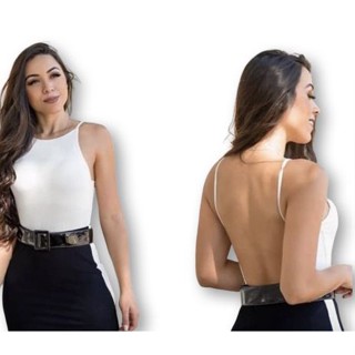 Body blusa canelado alça fina com bojo cavado nas costas feminino