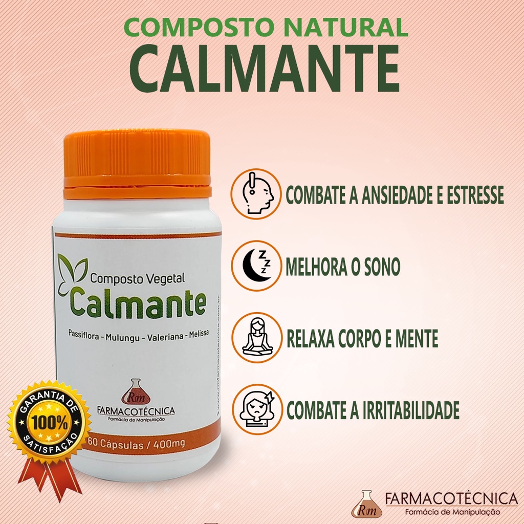 Composto Natural Calmante - 400mg - Nervosismo, Ansiedade, Insônia, Irritabilidade