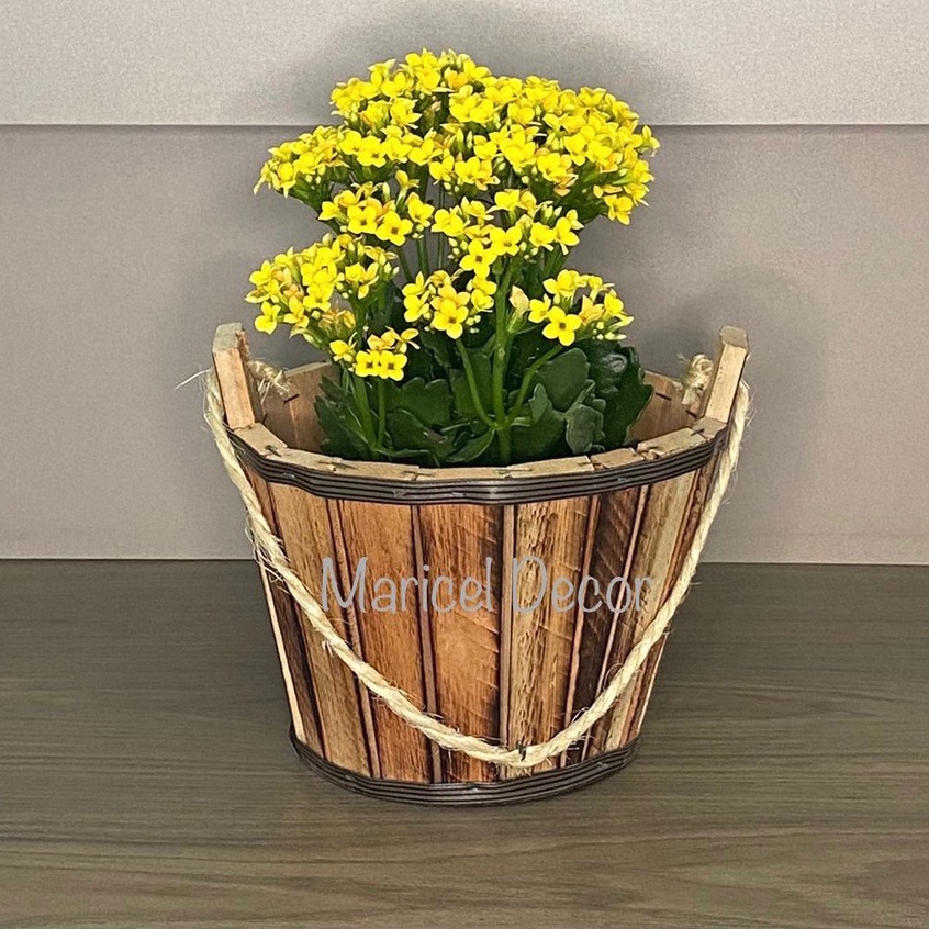 Vaso Cachepô Baldinho 20x15cm Crisântemo em Madeira