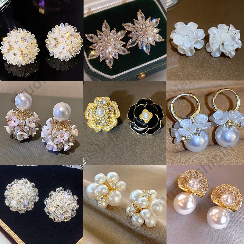 Versão Coreana Exclusiva Flor De Moda Rhinestone Pérola Geométrica Temperamento Elegante Brincos