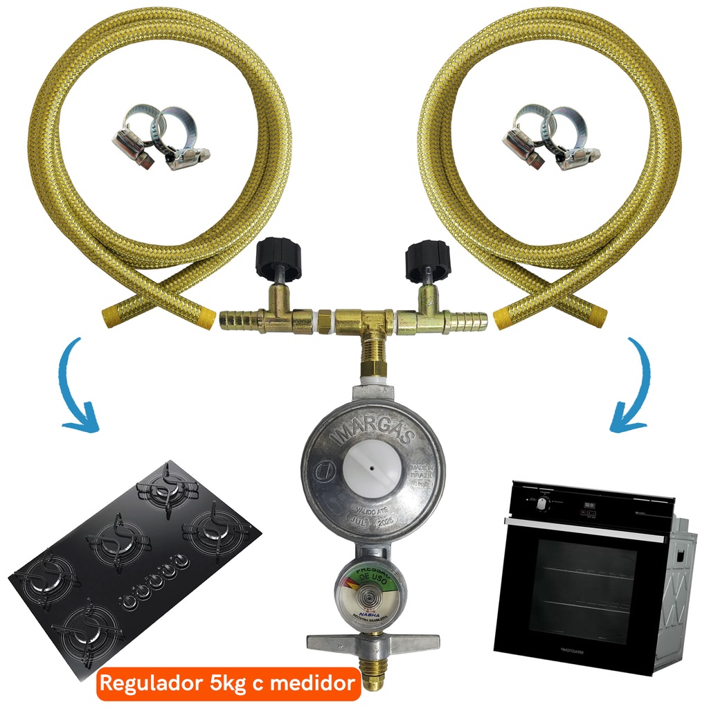 Kit duplo para Cooktop e Forno mangueira de gas botijão P13 com Registro Medidor de gás 5kg