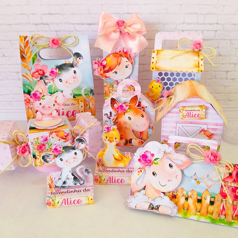 Caixinhas personalizadas, milk, cone e sushi, lembrancinhas, decoração Kit de festa aniversário Fazendinha menina