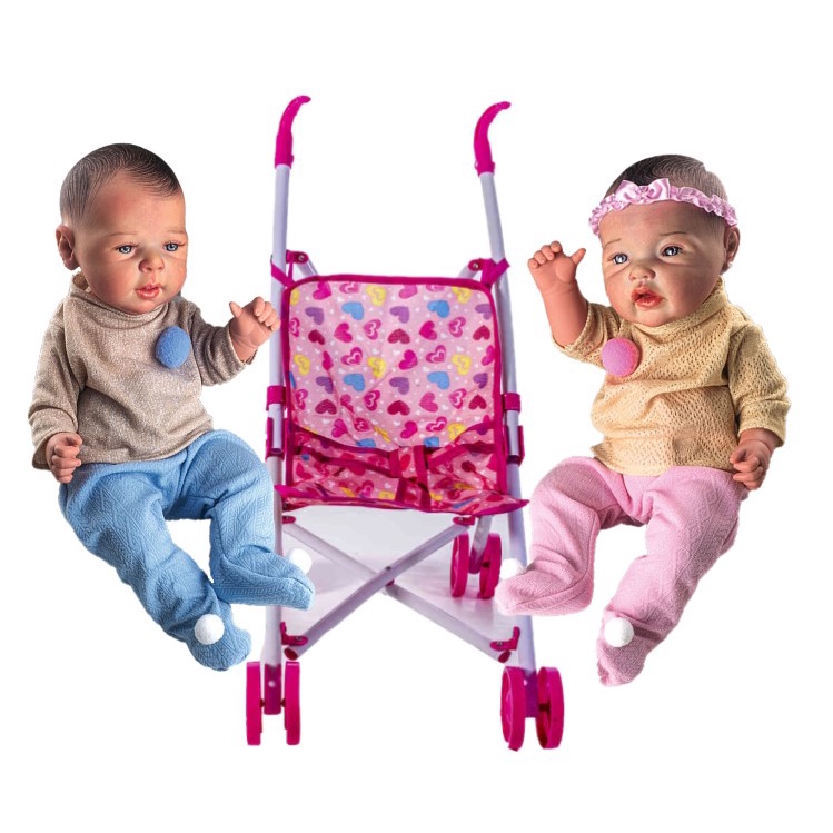 Kit Bebê Gêmeos Realista Boneca Reborn C/ Carrinho Bebê Rosa