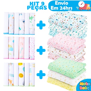 Kit 9 Peças Enxoval Bebe - 3 Cueiros Flanelados Estampados ou Lisos + 6 Paninho de boca 100% algodão em Oferta na Shopee