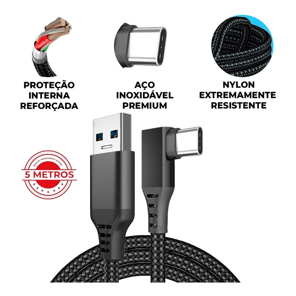 Cabo oculus link quest 2 e 1 de 5m usb c revestido com nota fiscal