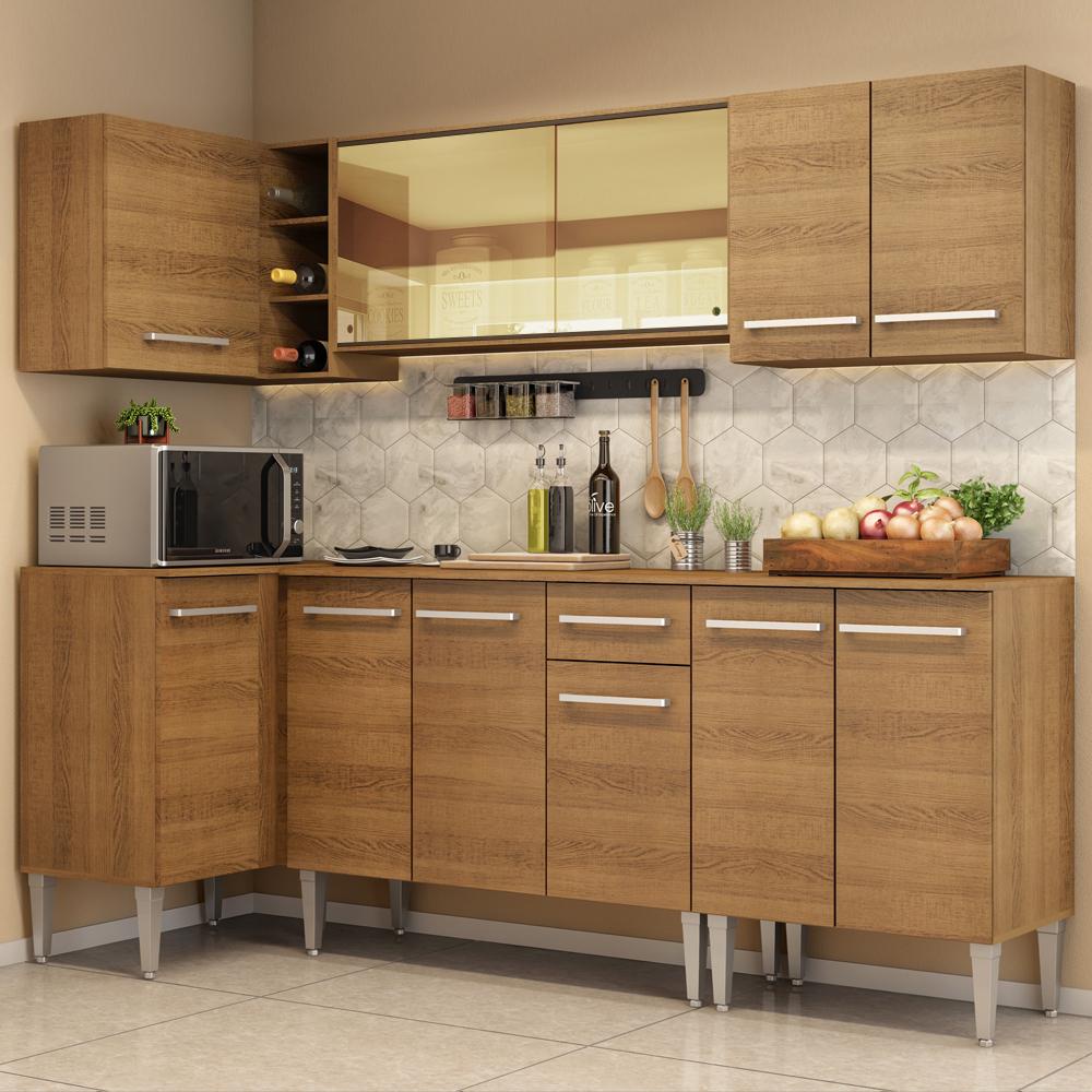 Cozinha Completa de Canto Madesa Emilly Play com Balcão e Armário Vidro Reflex em Oferta na Shopee