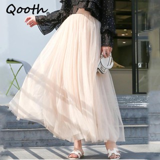 Qooth Elástico Cintura 3 Camadas Malha De Tule Longa Primavera Outono Elegante Vestido Vintage De Alta Saia Tutu De Gaze QT2001