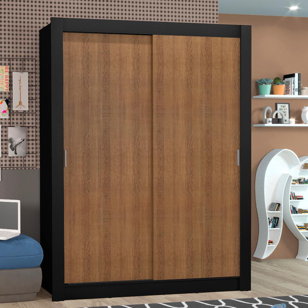 Guarda-Roupa Solteiro Madesa Denver 2 Portas de Correr - Preto/Rustic - Home & Living