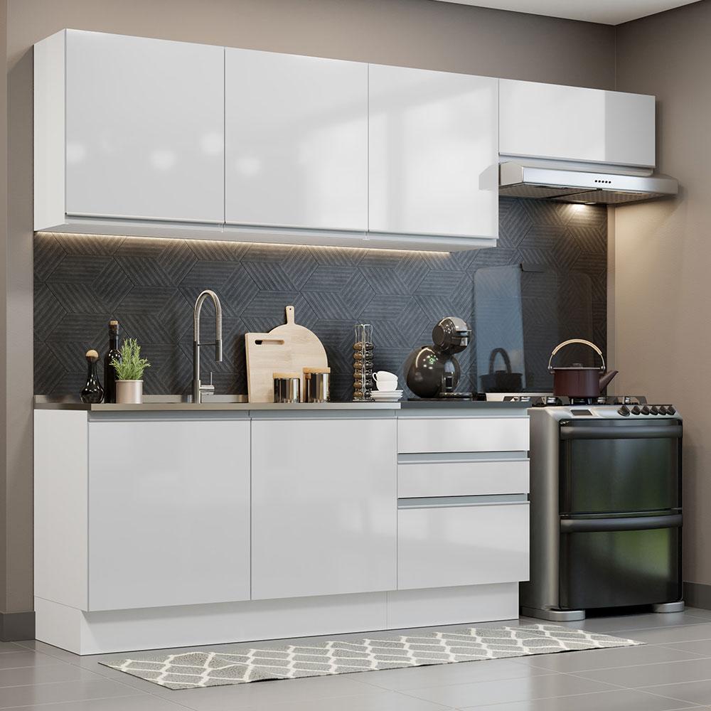 Cozinha Completa 100% MDF Madesa Acordes 260003 com Armário e Balcão - Frentes Branco Brilho - Home & Living