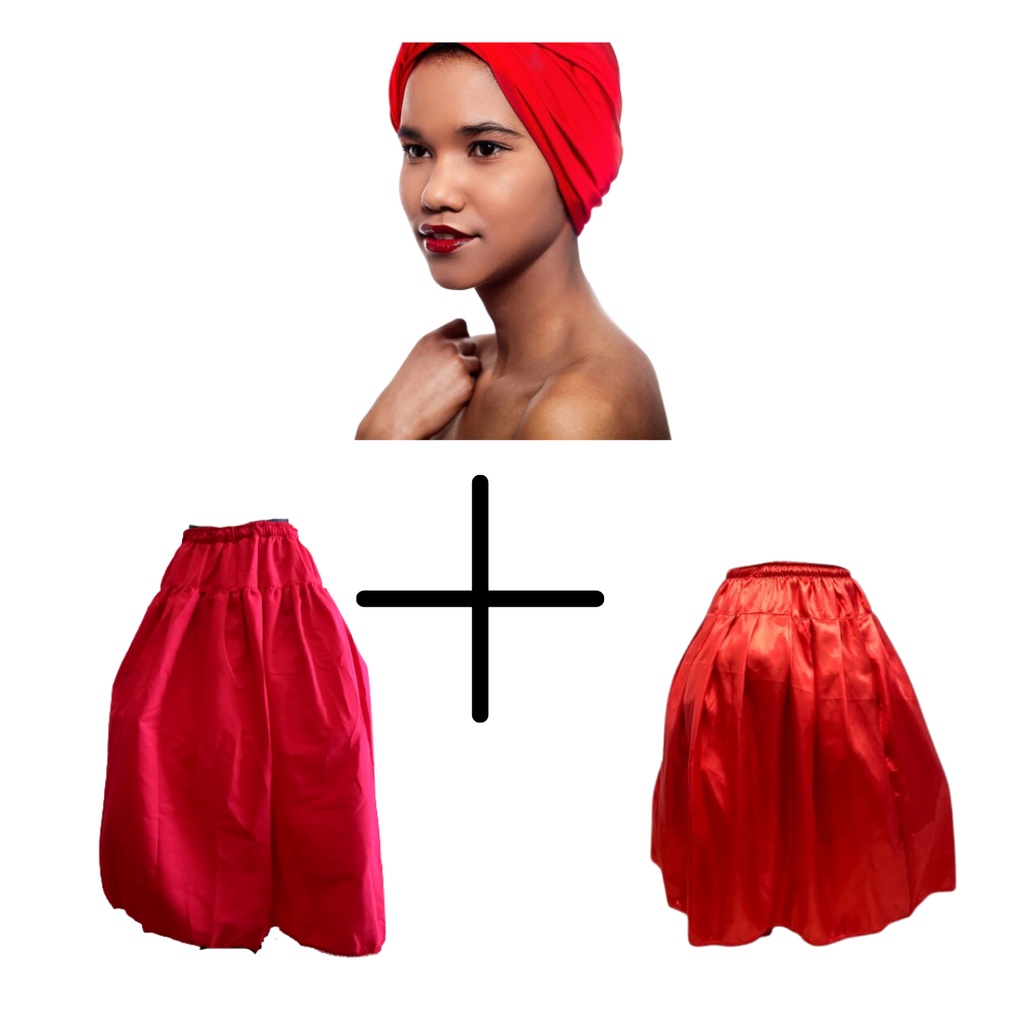 Saia vermelha umbanda candomblé kit 3 peças saia cetim+saia poliester+pano de cabeça