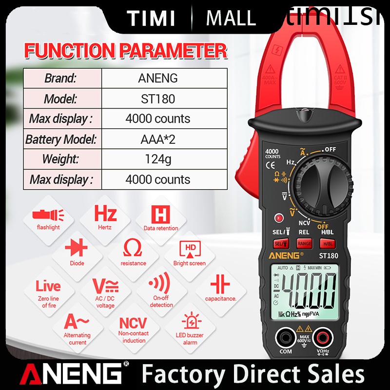 Alicate Amperímetro Digital Multímetro ST180 4000 Contagens uto AC / DC Amperímetro Tensão Testador Car Amp Hz Capacitância NCV Ohm Ⓡ timibr