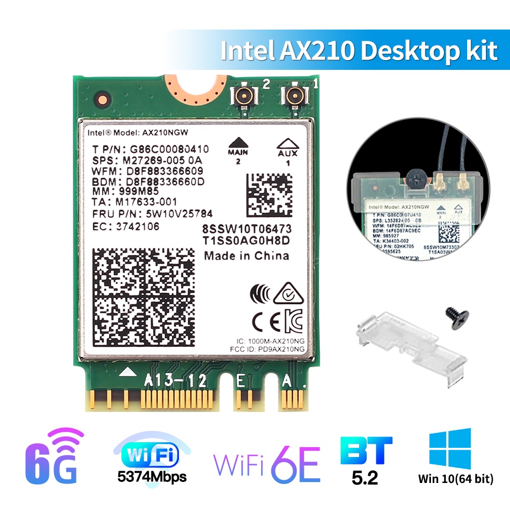 WiFi 6E Intel AX210NGW Dual Band 2.4G/5G/6Ghz 802.11AX 5374Mbps AX210 Bluetooth 5.2 Adaptador De Rede Sem Fio M . 2 Cartão Para Win10