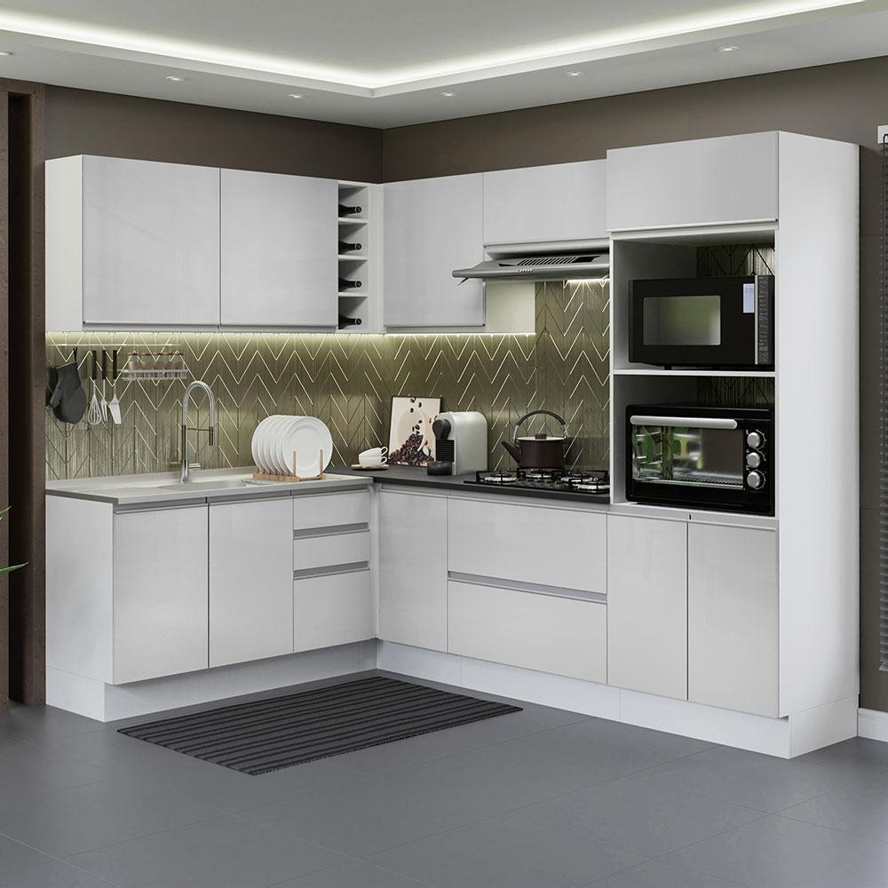 Cozinha Completa de Canto 100% MDF Madesa Acordes 419003 com Armário e Balcão - Frente Branco Brilho