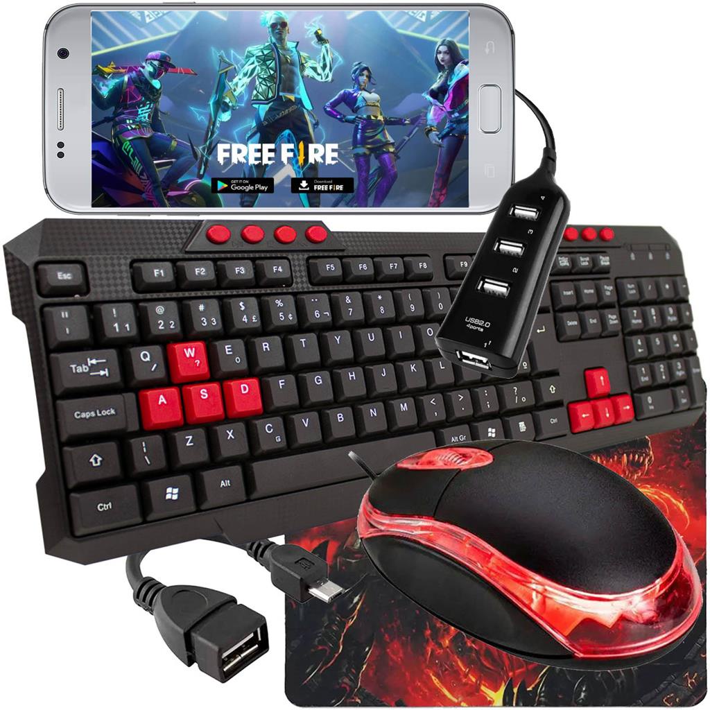 Kit Gamer Mobilador Teclado ABNT2 + Mouse + Pad + Hub - Ideal p/ Celular