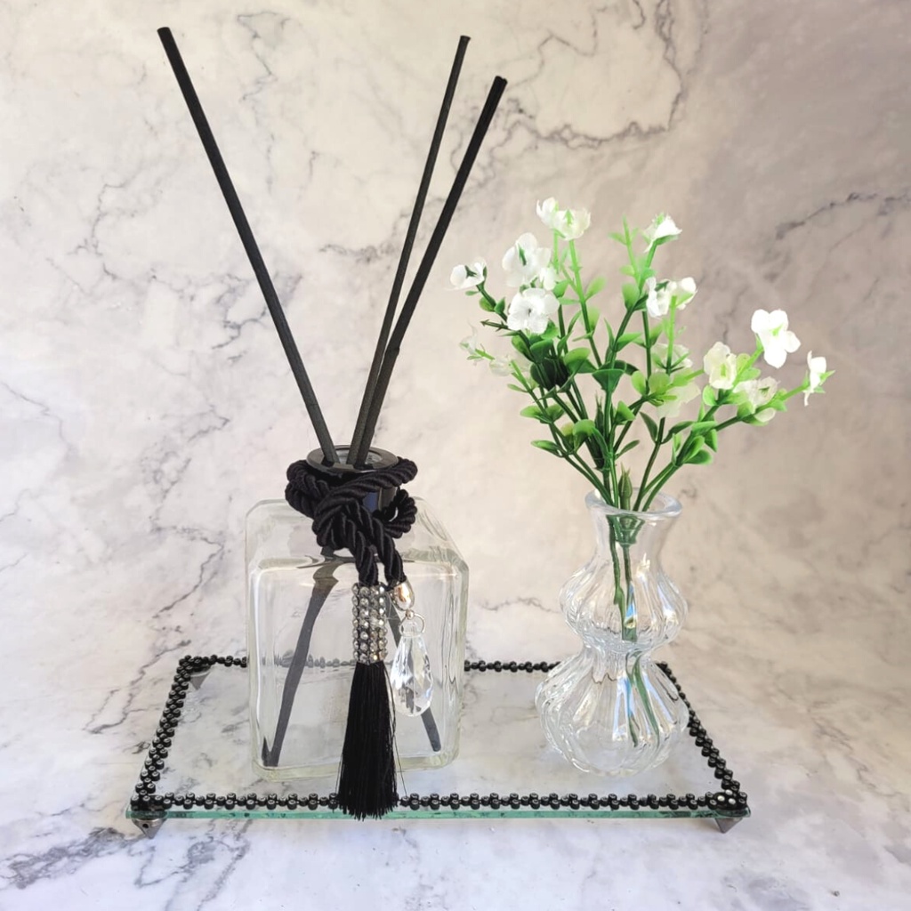 Frasco de Vidro Cubo 250ml Heberis Com Tampa Luxo Aromatizadora, Vaso de Flores e Bandeja Decorada