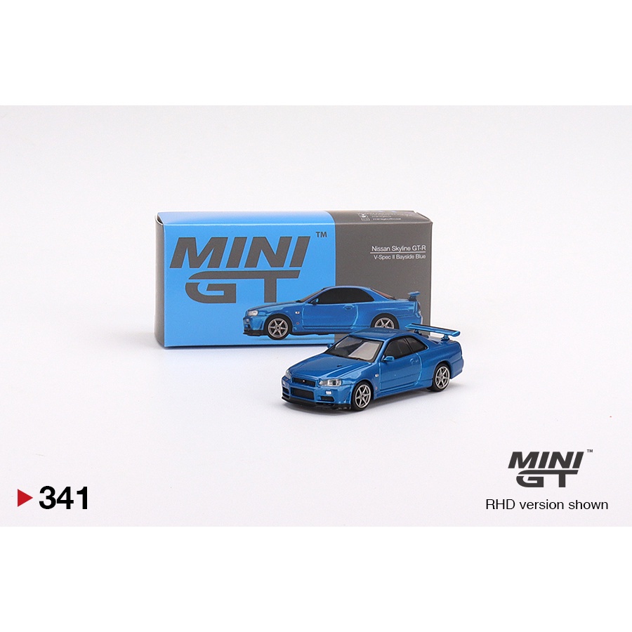 1 : 64 Mini GT Nissan Skyline-R R34 BNR34 V-Spec II Bayside Azul