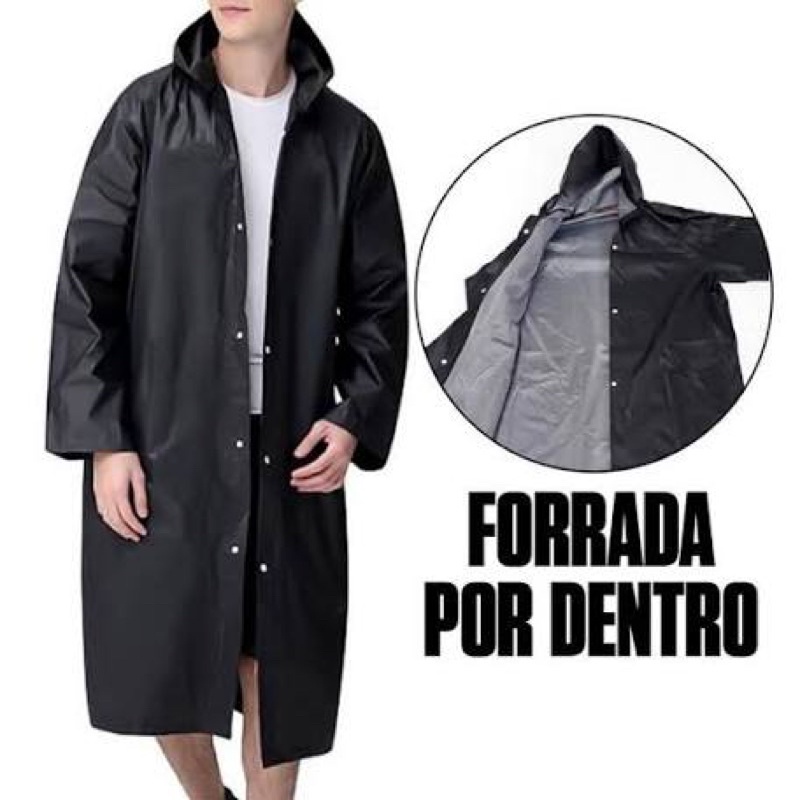 Capa De chuva impermeável preta PVC forrada com capuz