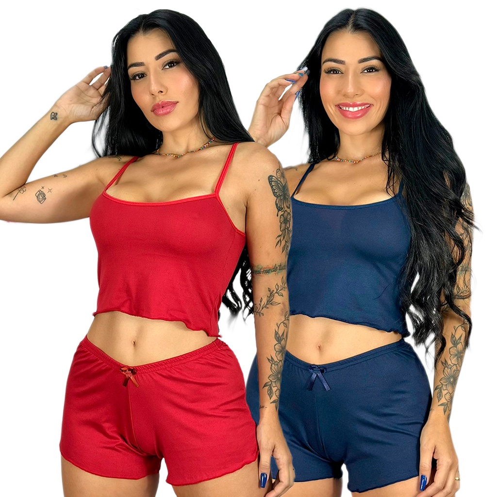 Kit 2 Short Doll Feminino Cropped Alça Fina Com Short Confortável Para Dormir E Usar Casa Leve Macio