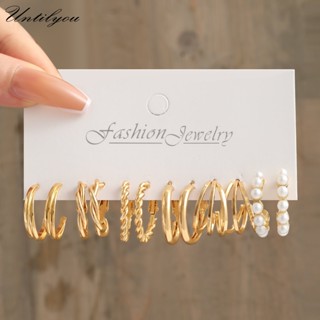6 Pares/Conjunto Fashion Pearl Gold Hoop Earring Set Brincos Em Forma De C Para Mulheres Acessórios De Joias