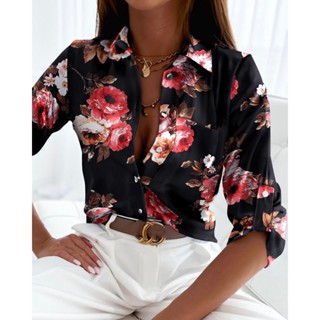 Blusas Femininas Moda Primavera Outono Camisa De Manga Longa Floral Listrada Camiseta Feminina Casual Escritório De Senhora