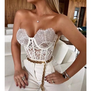 Cropped renda Feminino Corselet Tule tomara que caia com amarração atras bojo ajustavel nova tendencia verao em Oferta na Shopee
