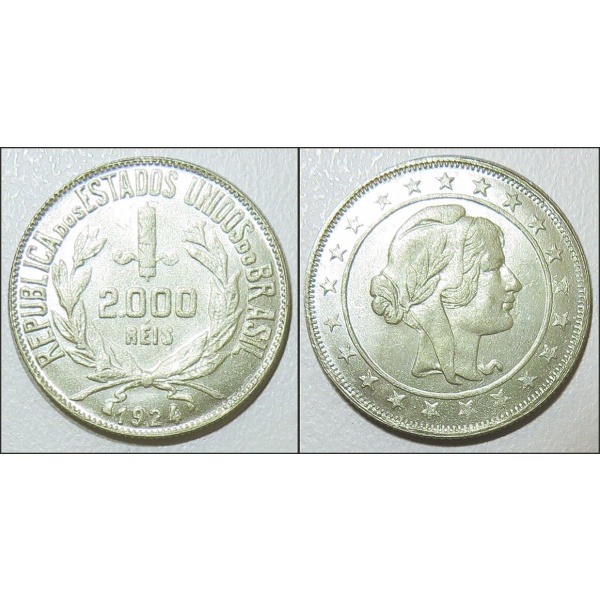 MOEDA DE PRATA DE 2.000 RÉIS 1924 - MOCINHA - MBC/SOB LINDA