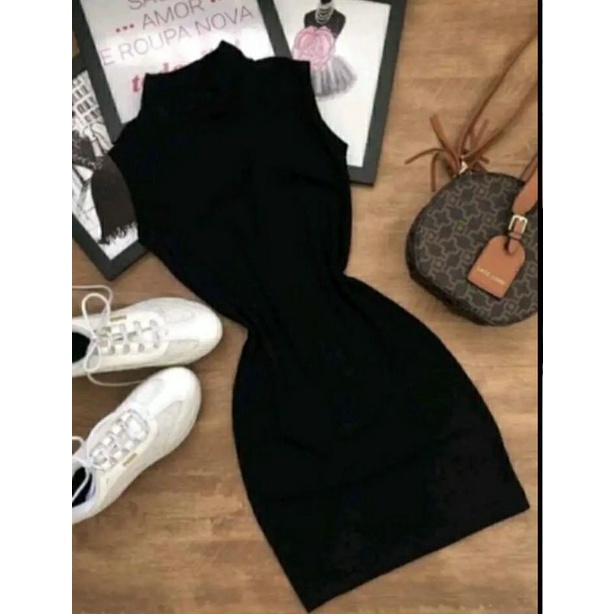 Vestido feminino curto CANELADO GOLA alta Manga cavada em Oferta na Shopee