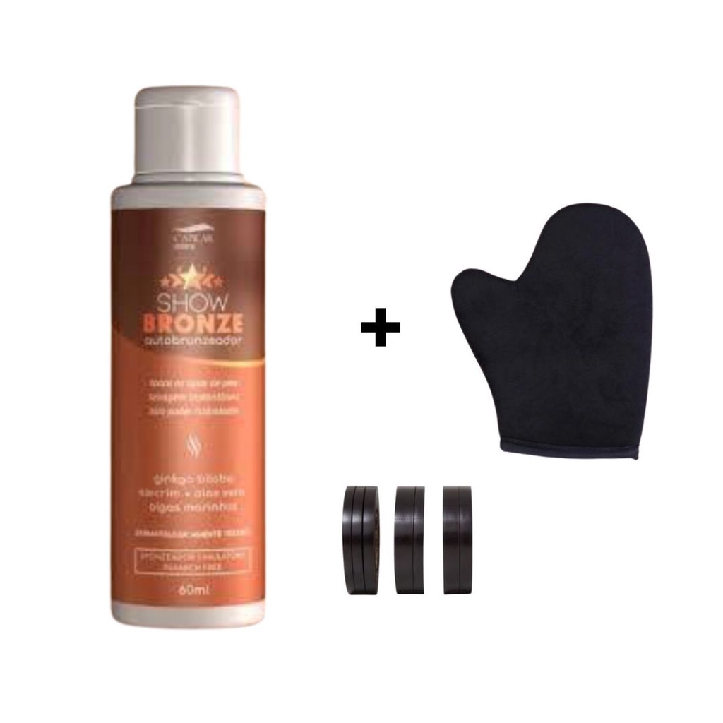 1 Bronze Sem Sol 60ml Tradicional Show Bronze + Luva Aplicadora + 3 Fitas Cortadas 6/6/6 12/6 e 10/8