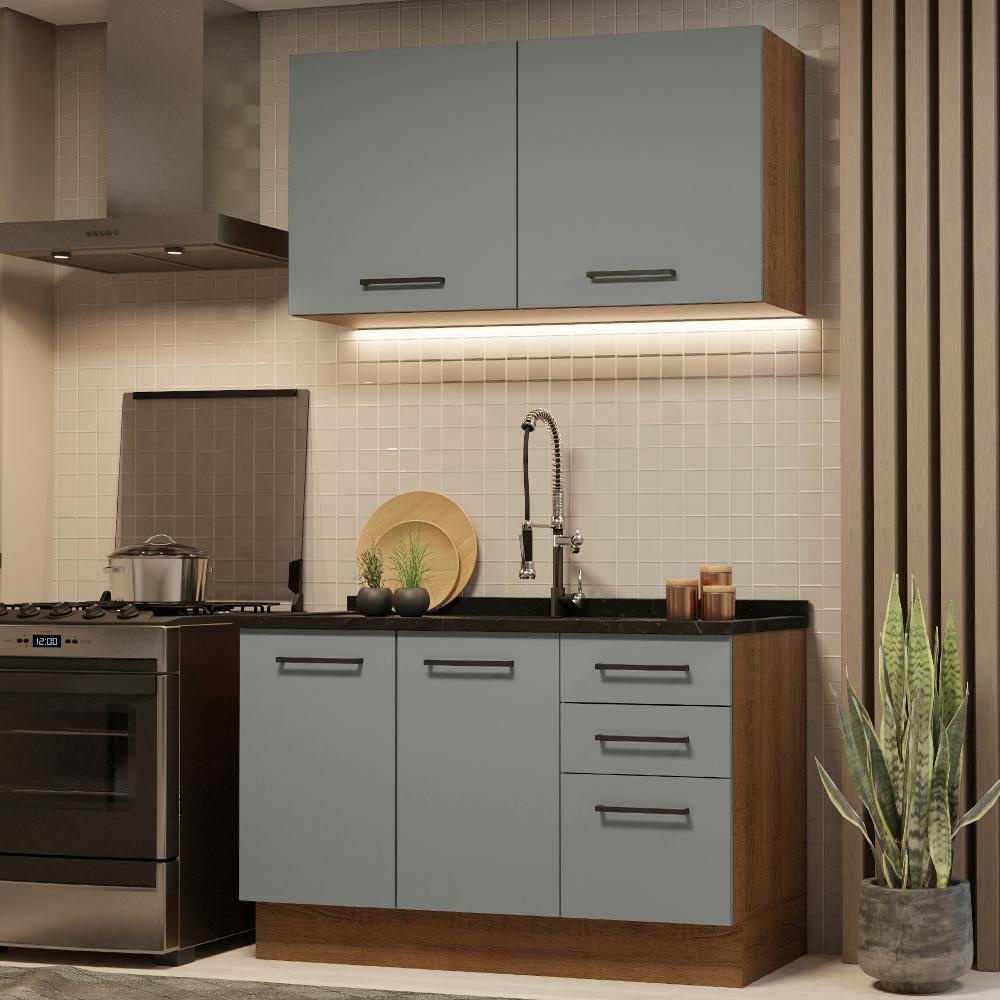 Armário de Cozinha Compacta 120cm Rustic/Cinza Agata Madesa 01 - Home & Living