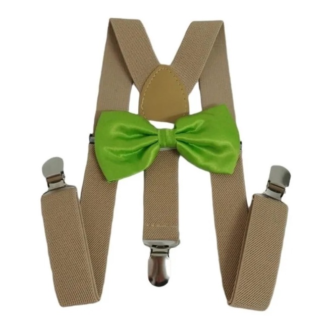 Kit Suspensório Bege + Gravata Borboleta Verde Limão K:244/247